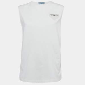 Prada White Cotton Knit Zip Detail Sleeveless Top XS