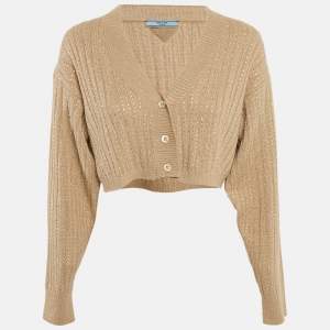 Prada Beige Rib Knit Rhinestones Cardigan M