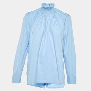 Prada Blue Cotton Smocked Neck Blouse M