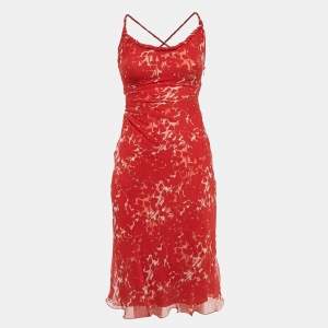 Prada Red Printed Silk Sleeveless Midi Dress M