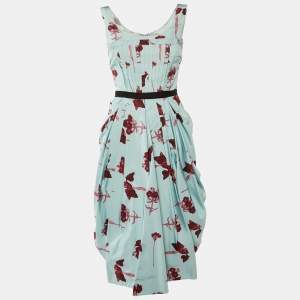 Prada Blue Floral Printed Silk Satin Sleeveless Midi Dress S