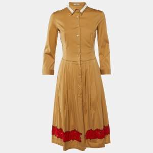 Prada  Khaki Brown Stretch Cotton Embellished Detail Shirt Dress M
