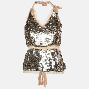 Prada Pink Sequin Embellished Halter Neck Top S
