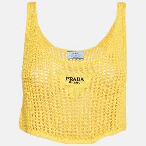 Prada Yellow Logo Pattern Crochet Sheer Crop Top S