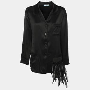 Prada Black Satin Feather-trimmed Long Sleeve Shirt M