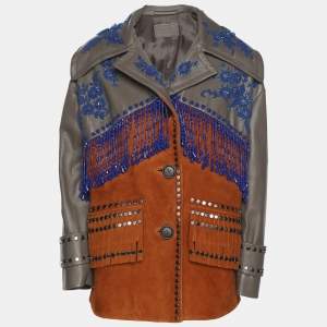 Prada Grey/Brown Leather and Suede Embellished Jacket XS