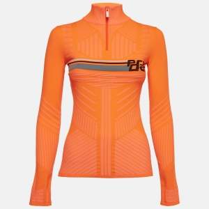 Prada Neon Orange Patterned Jersey High Neck Technical Top M