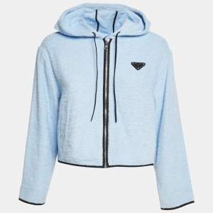 Prada Blue Terry Cotton Logo Plaque Hooded Jacket S