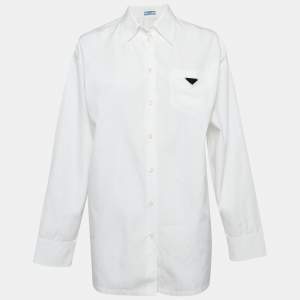 Prada White Cotton Logo Detail Full Sleeve Oversized Shirt S