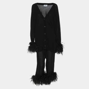 Prada Black Wool Knit Ostrich Feather Top & Pant Suit L