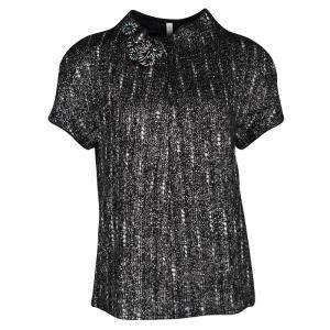 Prada Black and Grey Textured Wool Embellished High Neck Short Sleeve Top L