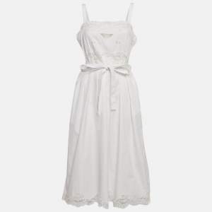 Prada White Cotton Lace Detail Sleeveless Belted Midi Dress L