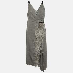 Prada Grey Checked Wool Feather Trim Pleated Wrap Dress L