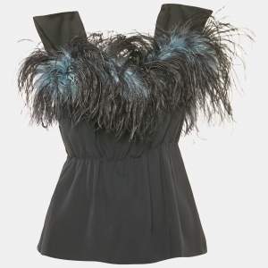 Prada Black Crepe Feather Trim Ruched Top M
