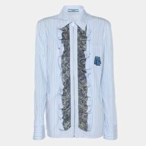 Prada Blue/White Striped Cotton Brocade Ruffle Detail Button Front Shirt M