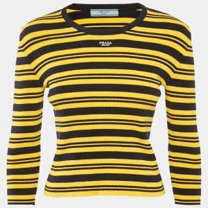 Prada Yellow/Navy Blue Strip Rib Knit Sweater S