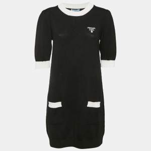 Pre Owned Prada Black Cotton Knit Logo Embroidered Mini Dress M