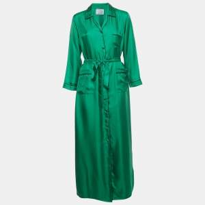 Pre Owned Prada Green Satin Silk Button Front Belted Long Dress M