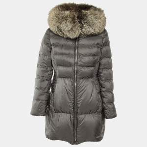 Prada Grey Nylon Fox Fur Trim Detail Quilted Down Jacket M