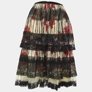 Prada Multicolor Floral Printed Cotton Lace Trim Tiered Mini Skirt L