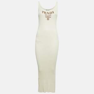 Pre Owned Prada Cream Logo Intarsia Rib Knit Midi Dress S
