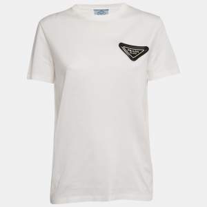 Pre Owned Prada White Triangle Rubber Logo Applique Cotton T-Shirt XS