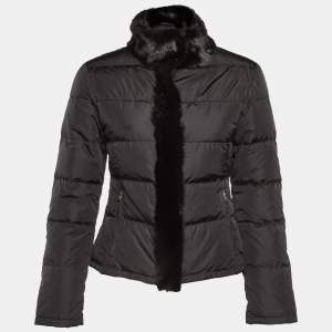 Pre Owned Prada Black Nylon Logo Applique Mink Fur Trim Puffer Jacket S