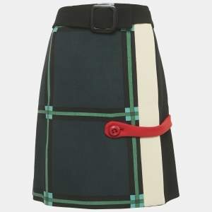 Prada Black/Green Plaid Print Wool Knee-Length Wrap Skirt S