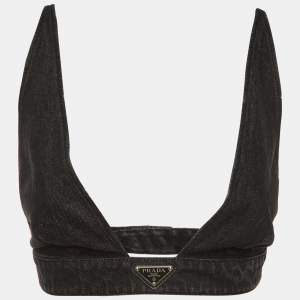 Pre Owned Prada Black Denim Logo Plaque Bralette M