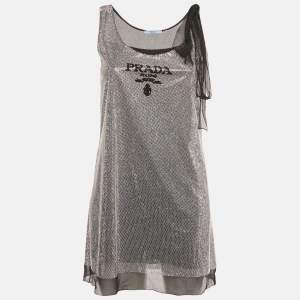 Pre Owned Prada Black Rhinestone Embellished Tie-Up Sleeve Mini Dress XS
