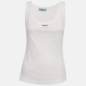 Pre Owned Prada White Ribbed Knit Triangle Logo Plaque Jersey Tank Top S
