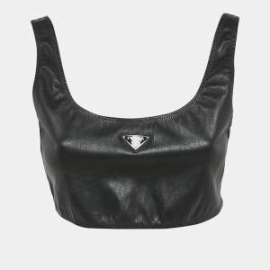 Pre Owned Prada Black Leather Logo Plaque Detail Sleeveless Crop Top L