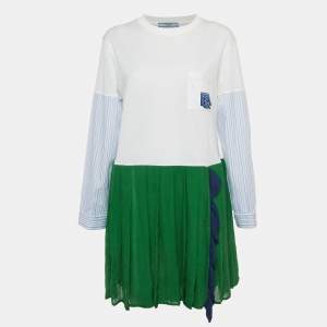 Pre Owned Prada White / Green Logo Applique Cotton & Silk Mini Dress M