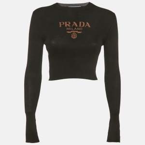 Pre Owned Prada Black Silk Rib Knit Logo Detail Crop Top M