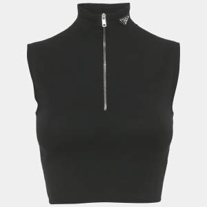 Pre Owned Prada Black Knit half Zip Sleeves Crop Top S