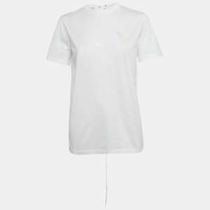 Pre Owned Prada White Triangle Appliqué Cotton Crisscross Detail T-Shirt M