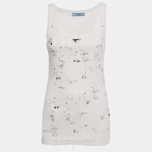 Pre Owned Prada White Embellished Cotton Jersey Tank Top S