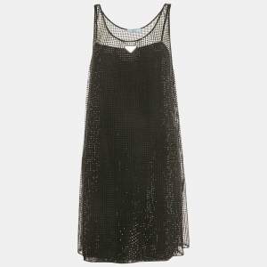 Pre Owned Prada Black Rhinestone Embellished Mesh Shift Dress S