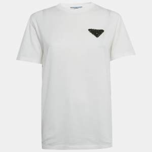 Pre Owned Prada White Triangle Crystal Applique Jersey T-Shirt S