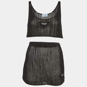 Pre Owned Prada Black Logo Embroidered Crochet Crop Top and Skirt Set M