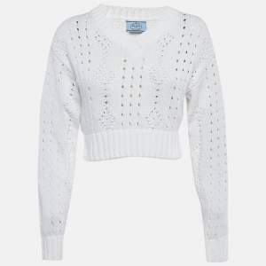 Pre Owned Prada White Open Knit V-Neck Crop Sweater XS