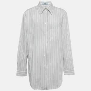 Pre Owned قميص برادا قطن مقلم أبيض طوق وشاح مقاس كبير - لارج