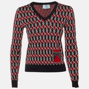 مملوكة مسبقًا Prada Black Diamond Pattern Wool V-Neck Sweater S