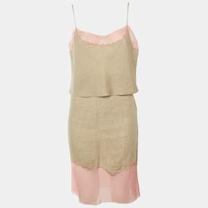 Pre Owned Prada Vintage Beige/Pink Linen & Silk Skirt Set L