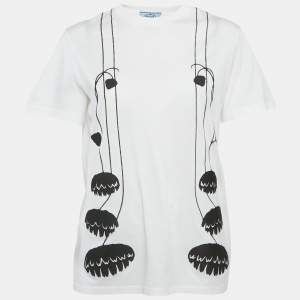 Pre Owned تي شيرت برادا أبيض مزين بالزهور ياقة دائرية مقاس متوسط (ميديام)