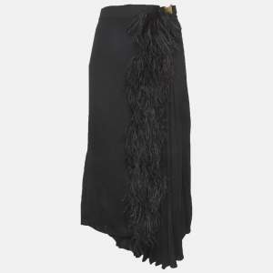 Pre Owned Prada Black Satin Feather Trim Midi Skirt L