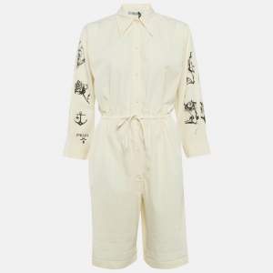 Pre Owned Prada Cream Printed Chambray Canvas Playsuit XS