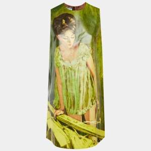 Pre Owned Prada Green Poster Girl Print Faux Leather Shift Dress M