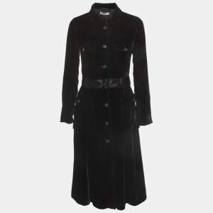 Pre Owned Prada Black Velvet Belted Midi Dress S