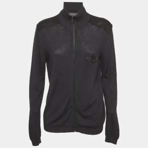مملوكة مسبقًا Prada Black Wool & Silk Knit Leather Trim Jacket L